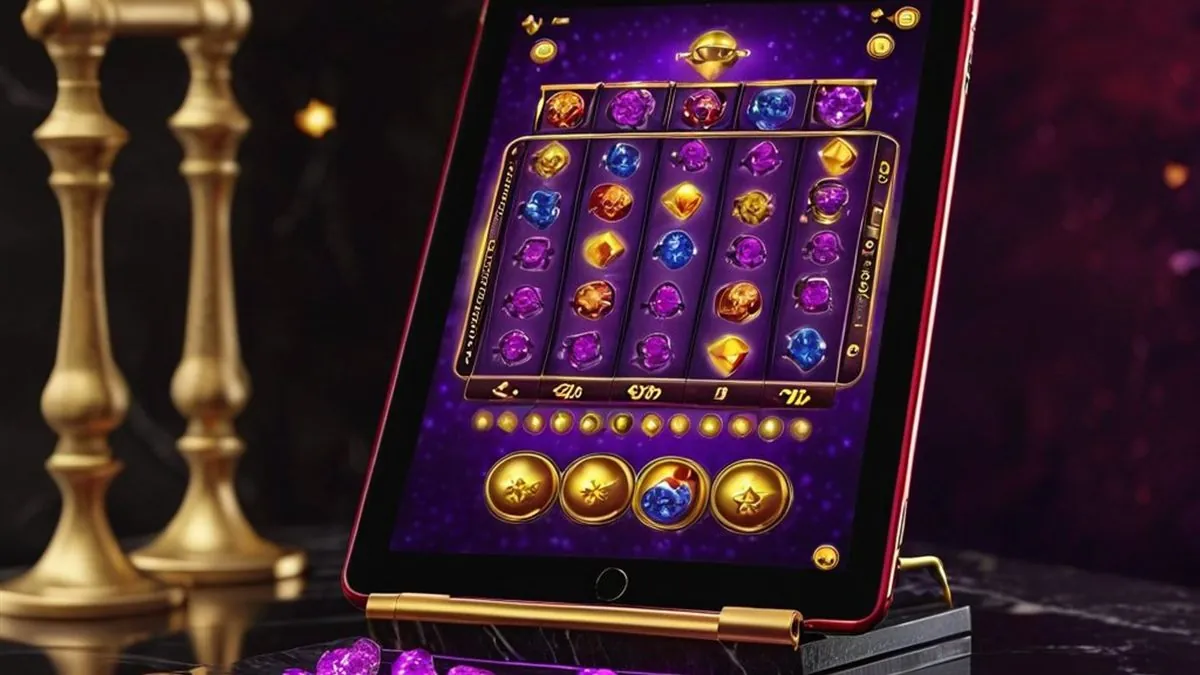 Tablet con una tragamonedas de gemas moradas sobre un escritorio de mármol oscuro
