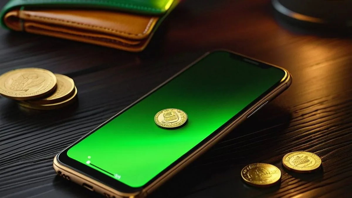 Celular con pantalla verde y una moneda dorada junto a una cartera y monedas sobre la mesa