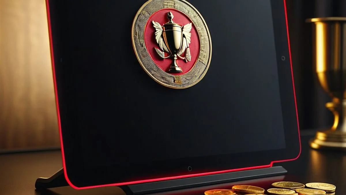 Tablet en un escritorio oscuro con una medalla de trofeo dorado en pantalla y monedas al lado