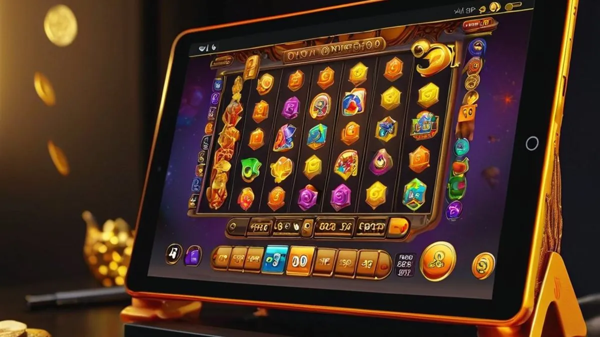 Tablet con una tragamonedas de gemas y monedas doradas esparcidas sobre el escritorio
