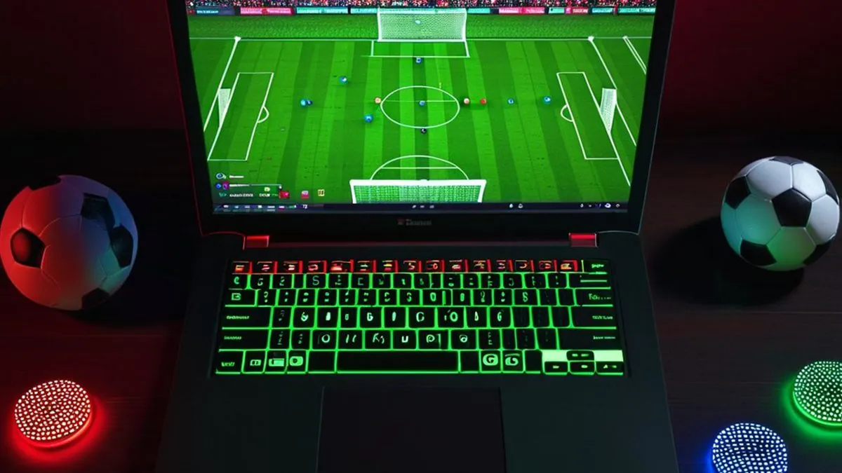 Laptop con una cancha de futbol vista desde arriba y balones sobre un escritorio oscuro